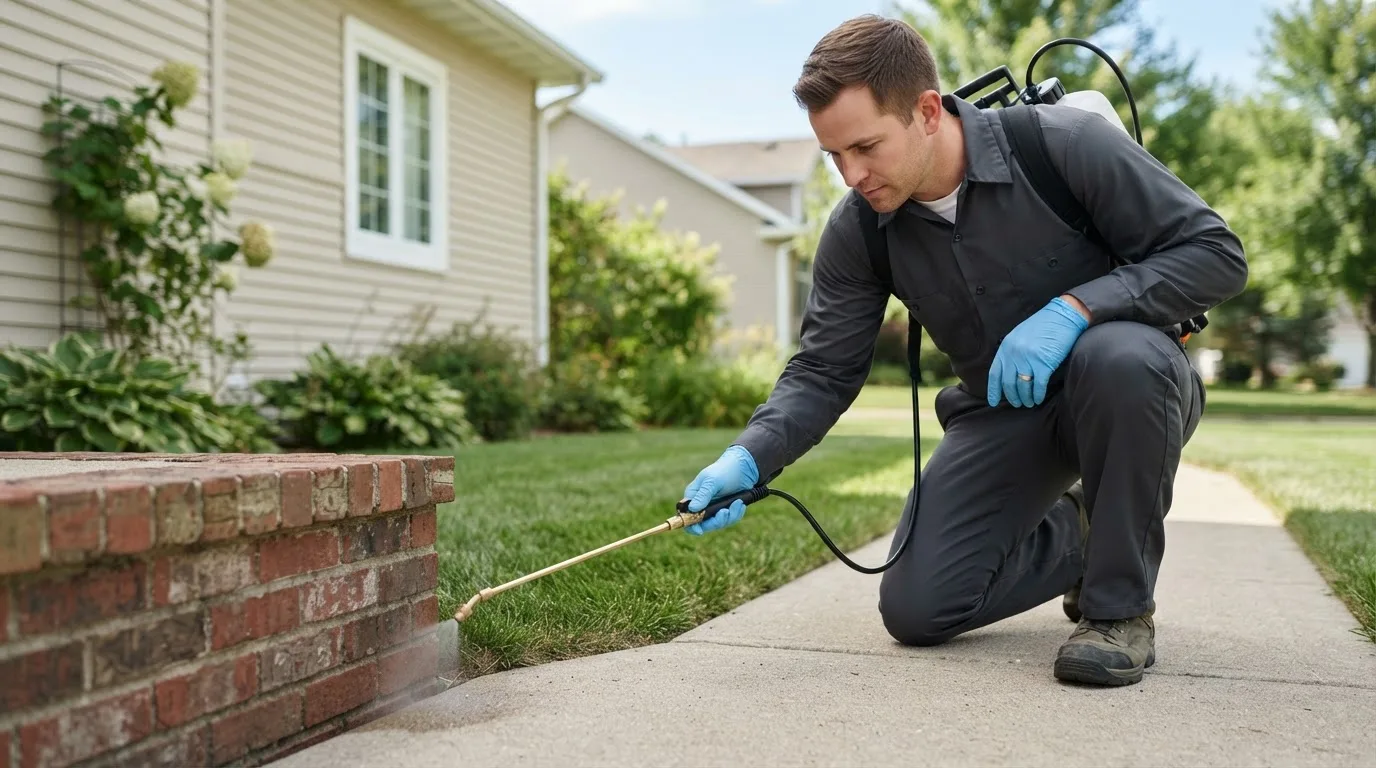 Pest control technician treating a home near Williamsburg, MI